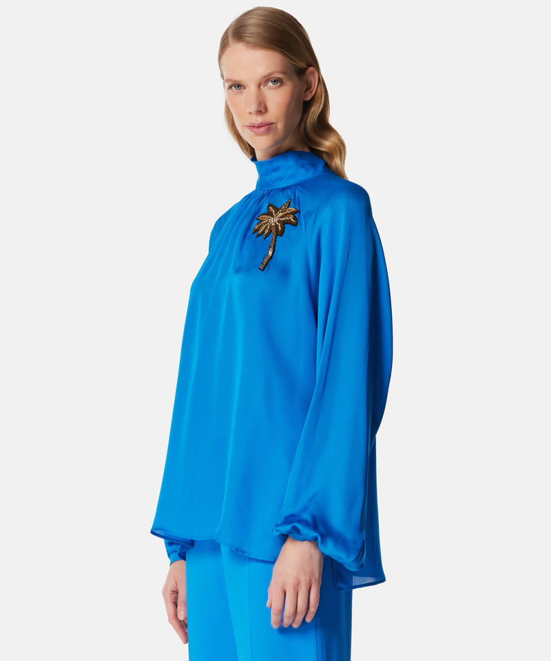 Machka Coconut Tree-Embroidered Blouse Blue