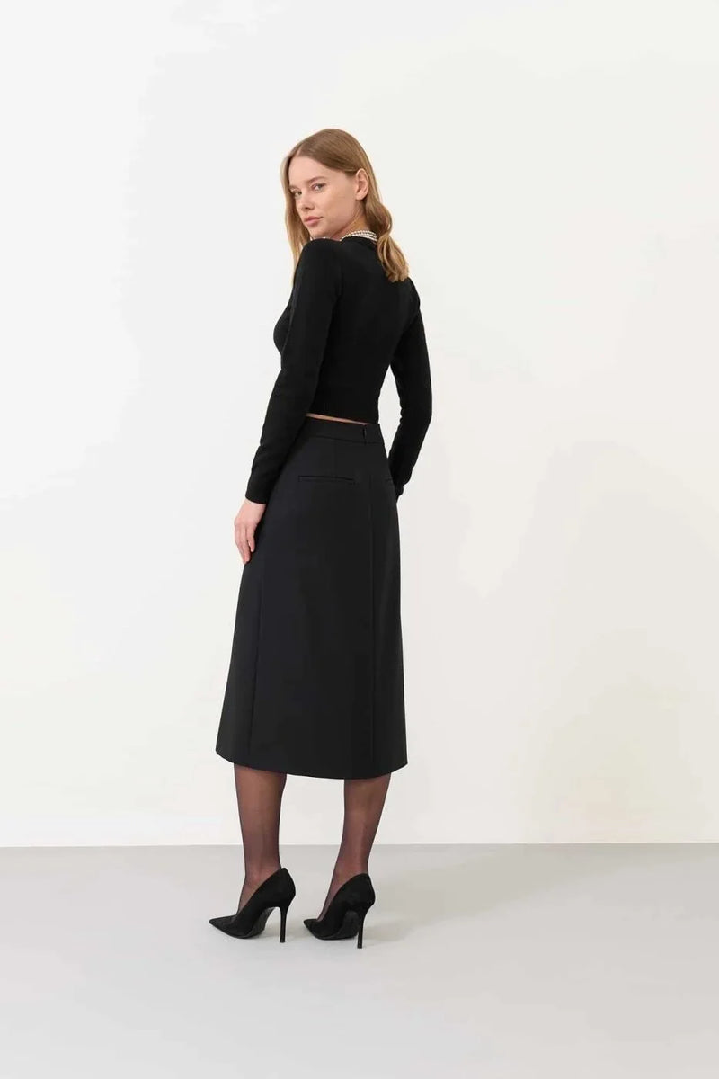 Roman Slit Midi Length Wool Skirt  Black