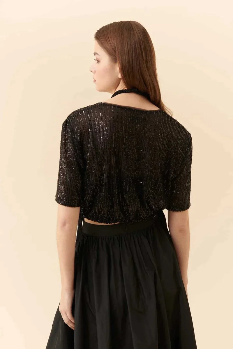 Roman Sequin-Embellished Tie Detail Top Black