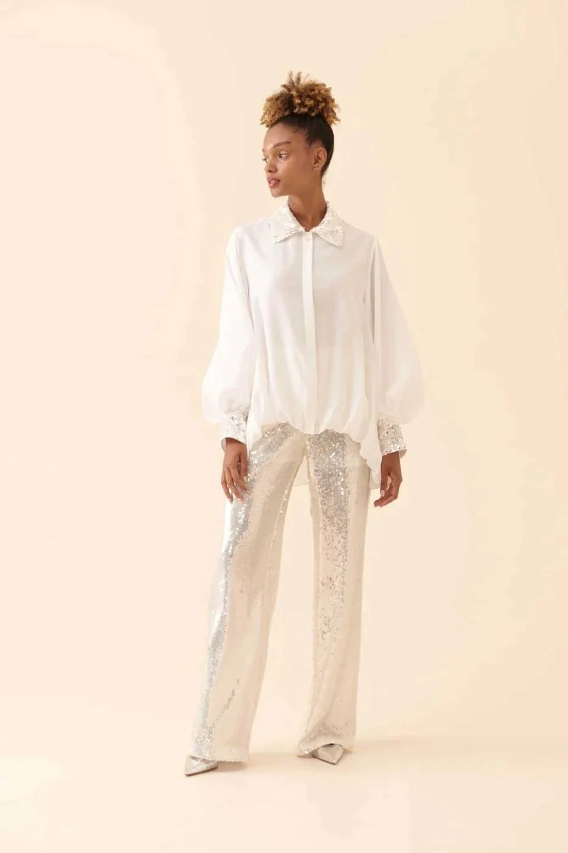 Roman Solid Embellished Detail Shirt White