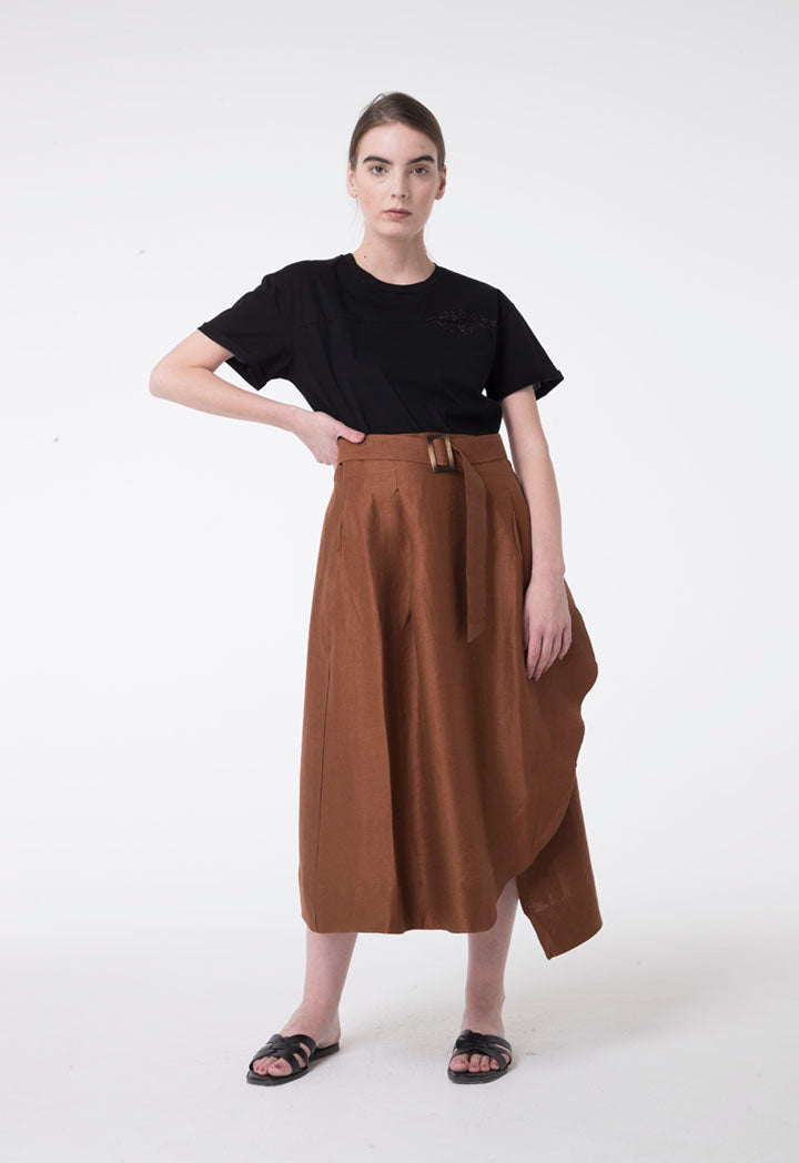 Apanage Linen Overlap Belted A-Line Skirt Brown