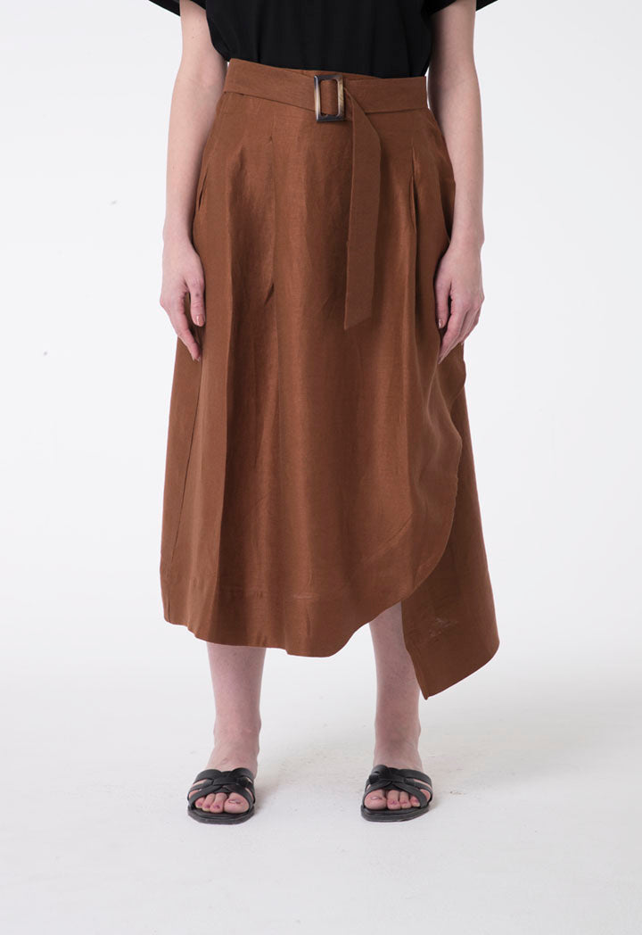 Apanage Linen Overlap Belted A-Line Skirt Brown