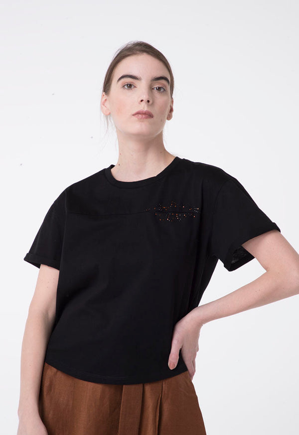 Apanage Front-Embellished Short Sleeve T-Shirt Black