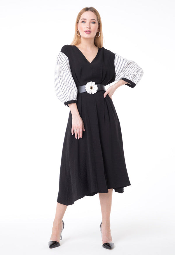 BERRIN Long Sleeve Pleated Belted Dress BLACK