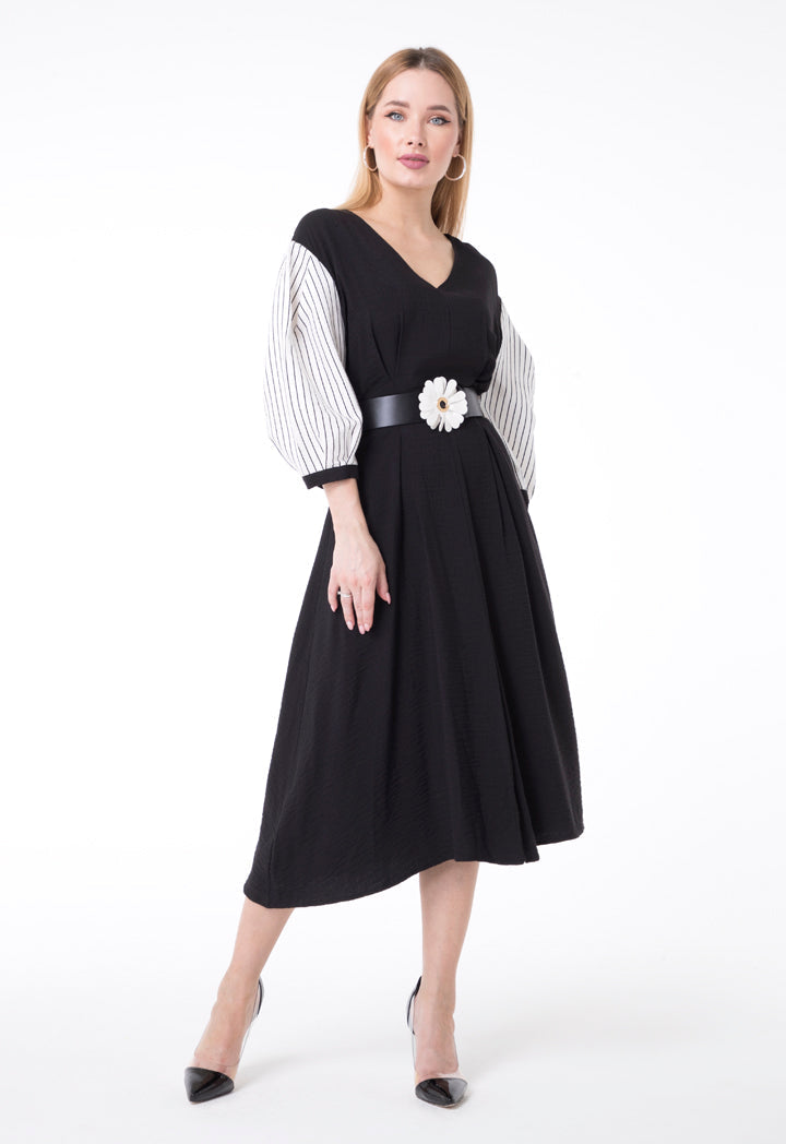 BERRIN Long Sleeve Pleated Belted Dress BLACK