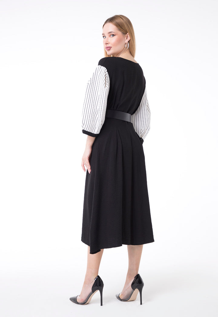 BERRIN Long Sleeve Pleated Belted Dress BLACK