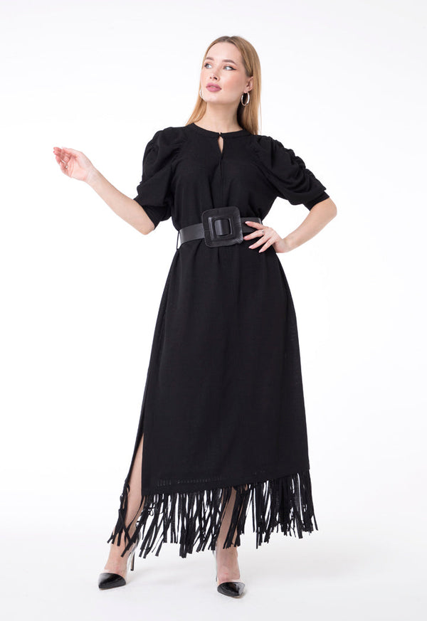 BERRIN Fringe Hem Belted Long Dress BLACK