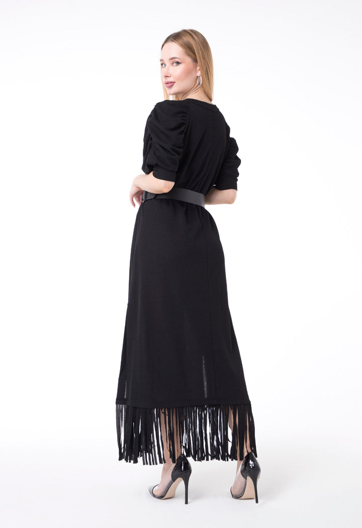 BERRIN Fringe Hem Belted Long Dress BLACK