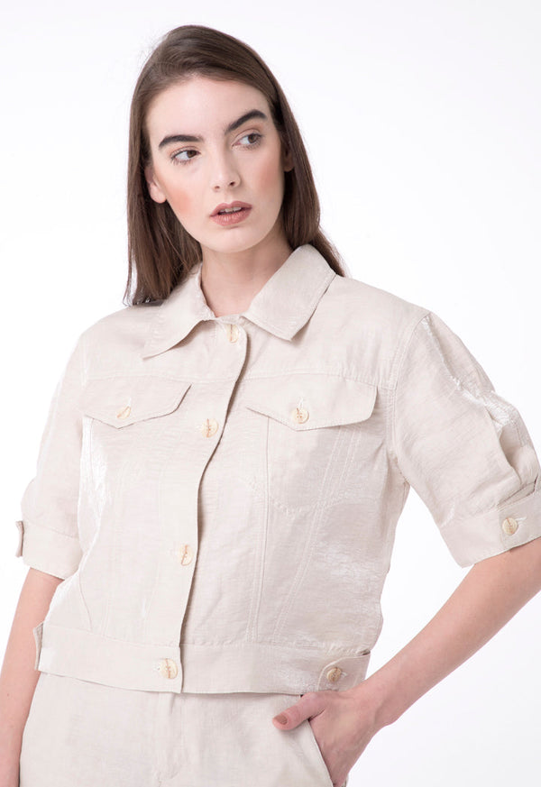 BERRIN Glitter Short Sleeve Double Pocket Shirt Jacket BEIGE