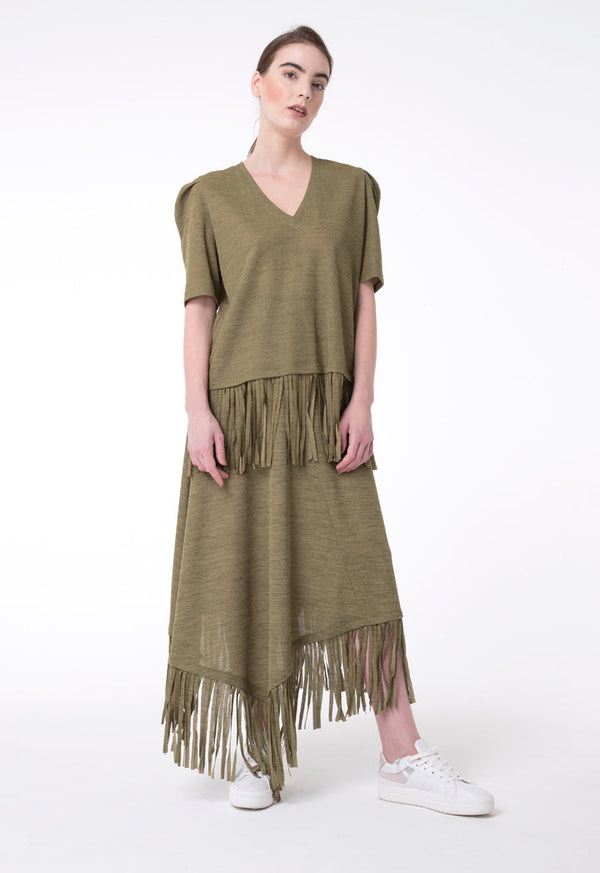 BERRIN Short Sleeve Fringe Hem Knit Sweater KHAKI