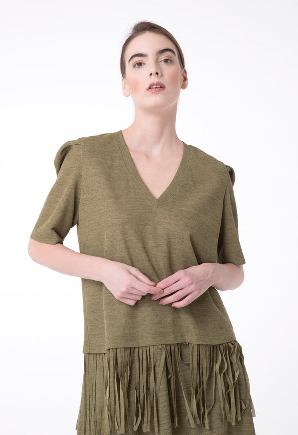 BERRIN Short Sleeve Fringe Hem Knit Sweater KHAKI