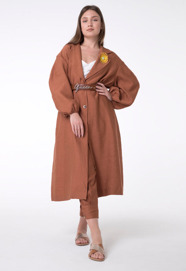 BERRIN Embellished Lapel Long Belted Coat CAMEL