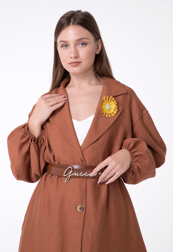 BERRIN Embellished Lapel Long Belted Coat CAMEL