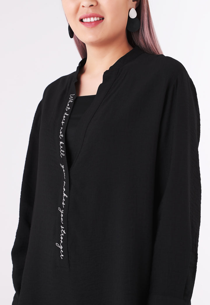 BERRIN Plain V-Neck Tunic Long Sleeve Long Blouse BLACK