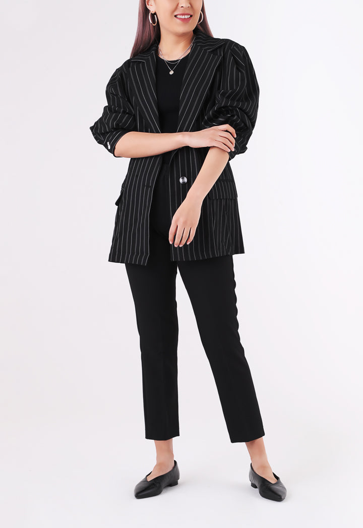 BERRIN Striped Notch Collar Single Breasted Belted Jacket BLACK