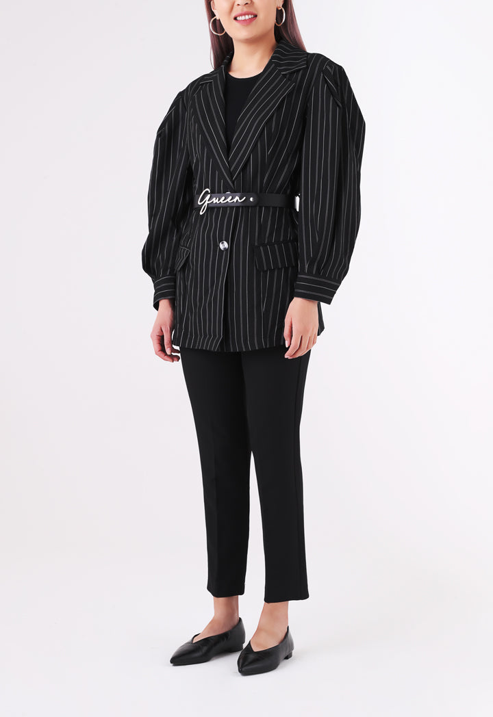 BERRIN Striped Notch Collar Single Breasted Belted Jacket BLACK