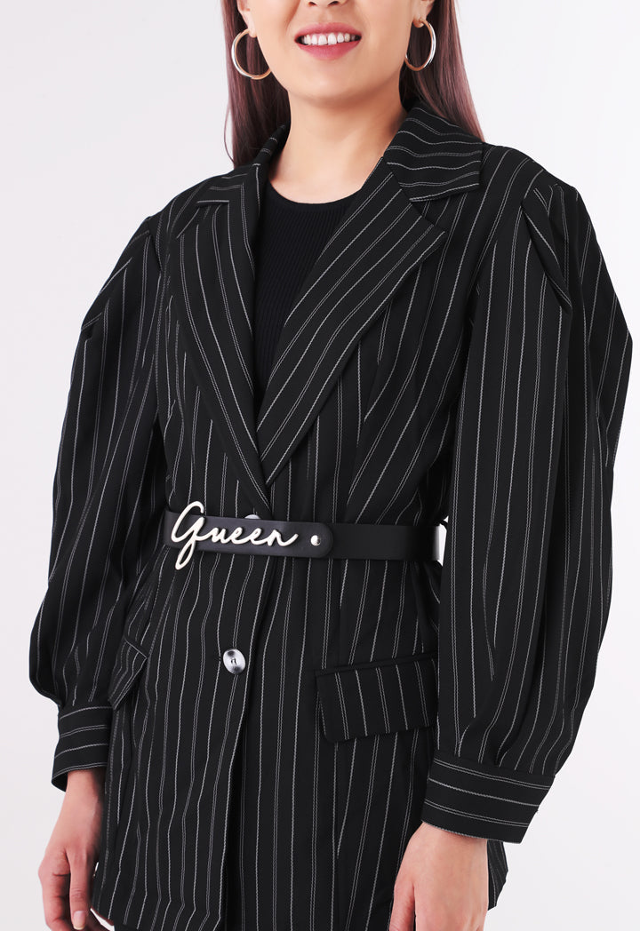 BERRIN Striped Notch Collar Single Breasted Belted Jacket BLACK