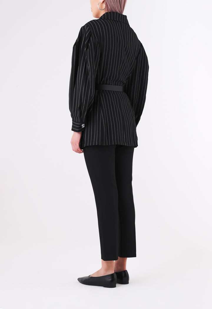 BERRIN Striped Notch Collar Single Breasted Belted Jacket BLACK