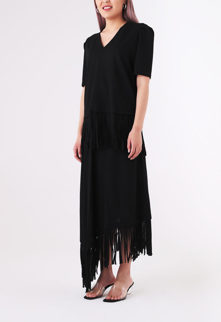 BERRIN Short Sleeve Fringe Hem Knit Sweater BLACK