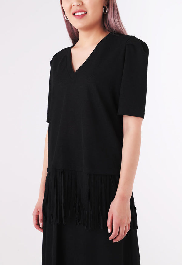 BERRIN Short Sleeve Fringe Hem Knit Sweater BLACK