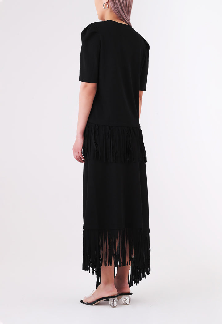 BERRIN Short Sleeve Fringe Hem Knit Sweater BLACK