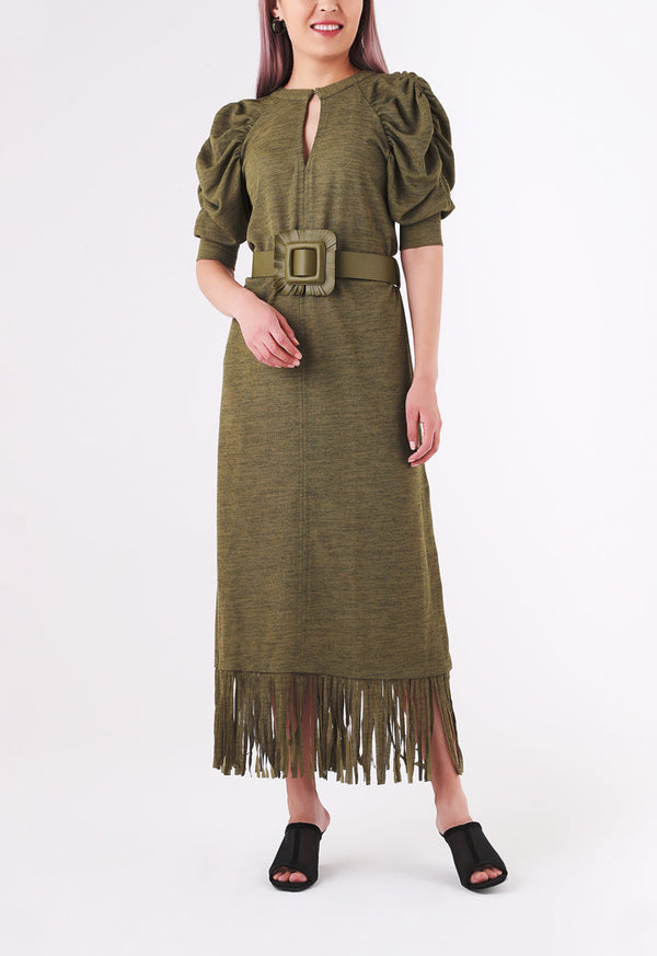 BERRIN Fringe Hem Belted Long Dress KHAKI