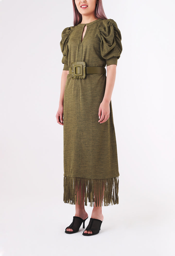 BERRIN Fringe Hem Belted Long Dress KHAKI