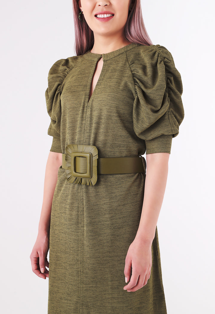 BERRIN Fringe Hem Belted Long Dress KHAKI