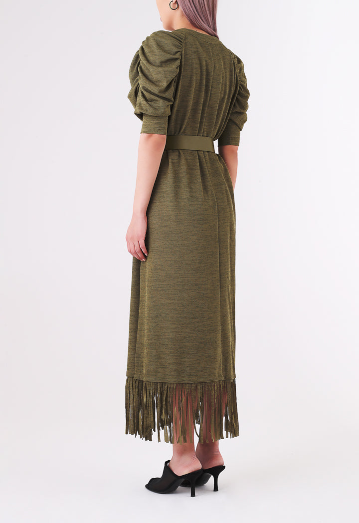 BERRIN Fringe Hem Belted Long Dress KHAKI