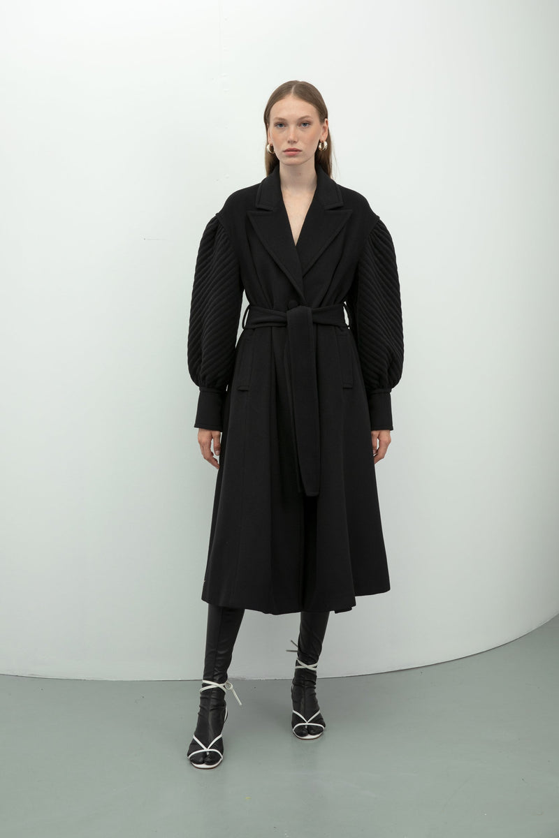 Baqa Quilted Sleeve Belted Coat Black