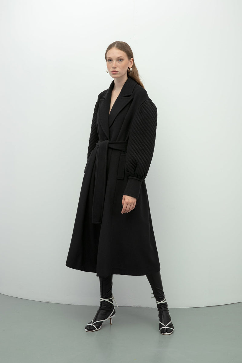 Baqa Quilted Sleeve Belted Coat Black