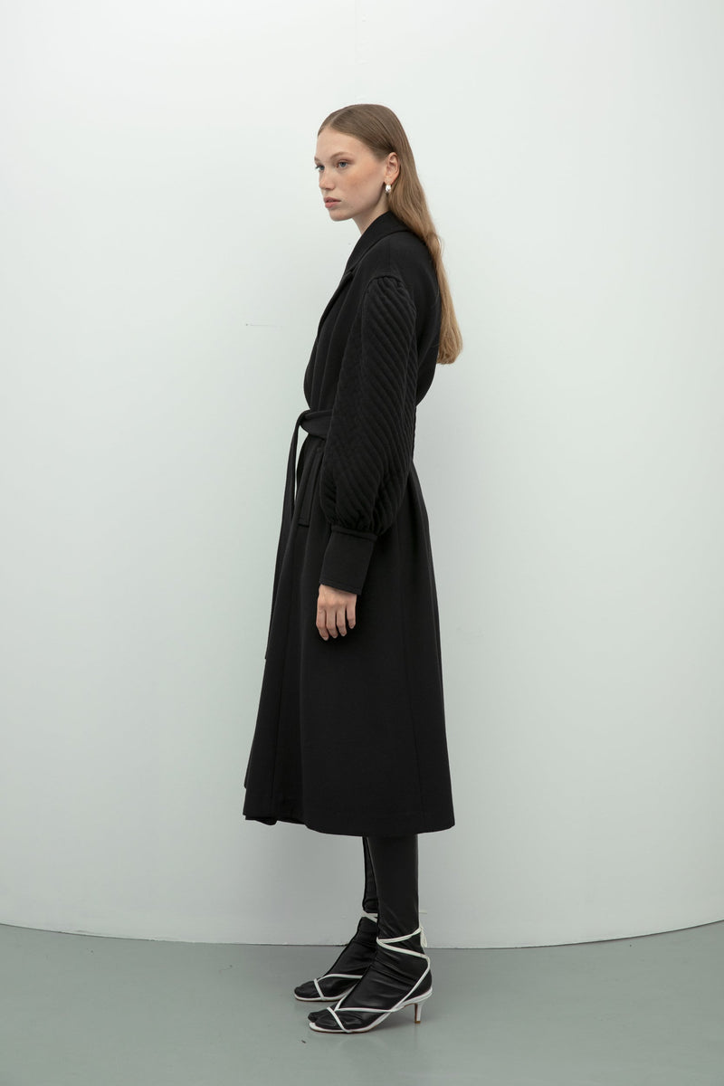 Baqa Quilted Sleeve Belted Coat Black