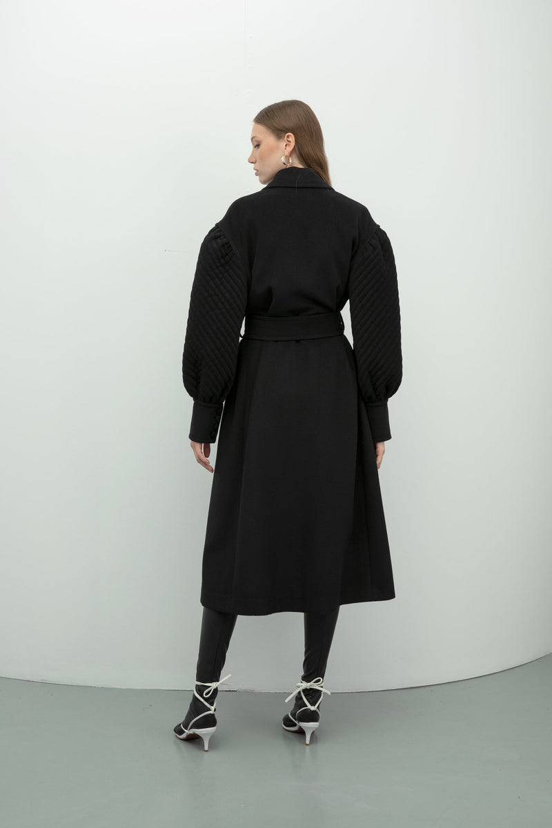 Baqa Quilted Sleeve Belted Coat Black