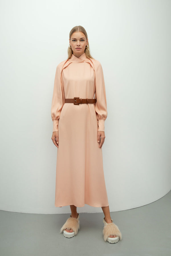 Baqa Collar Detail Belted Dress Powder