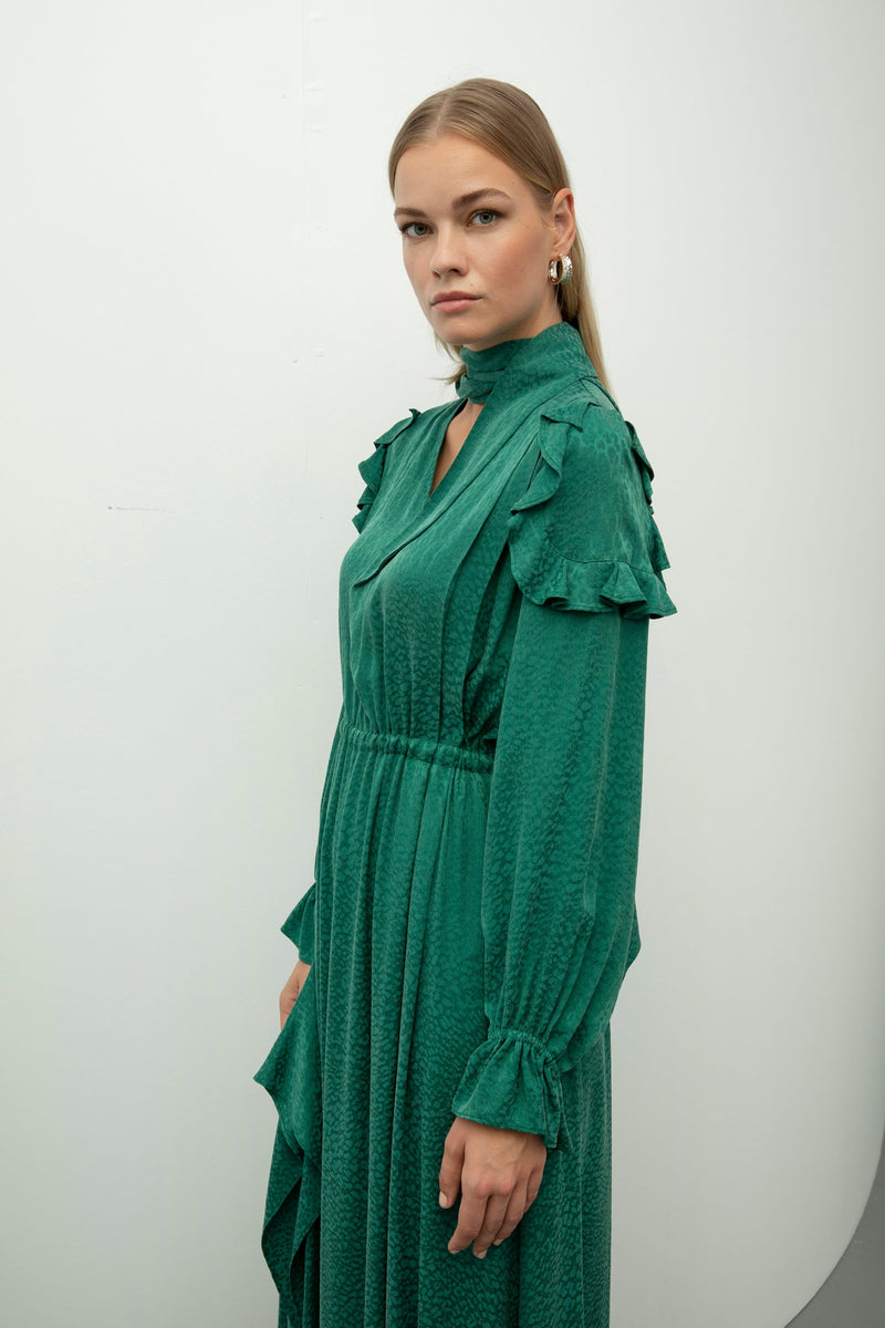 Baqa Ruffle Detail Midi Dress Green