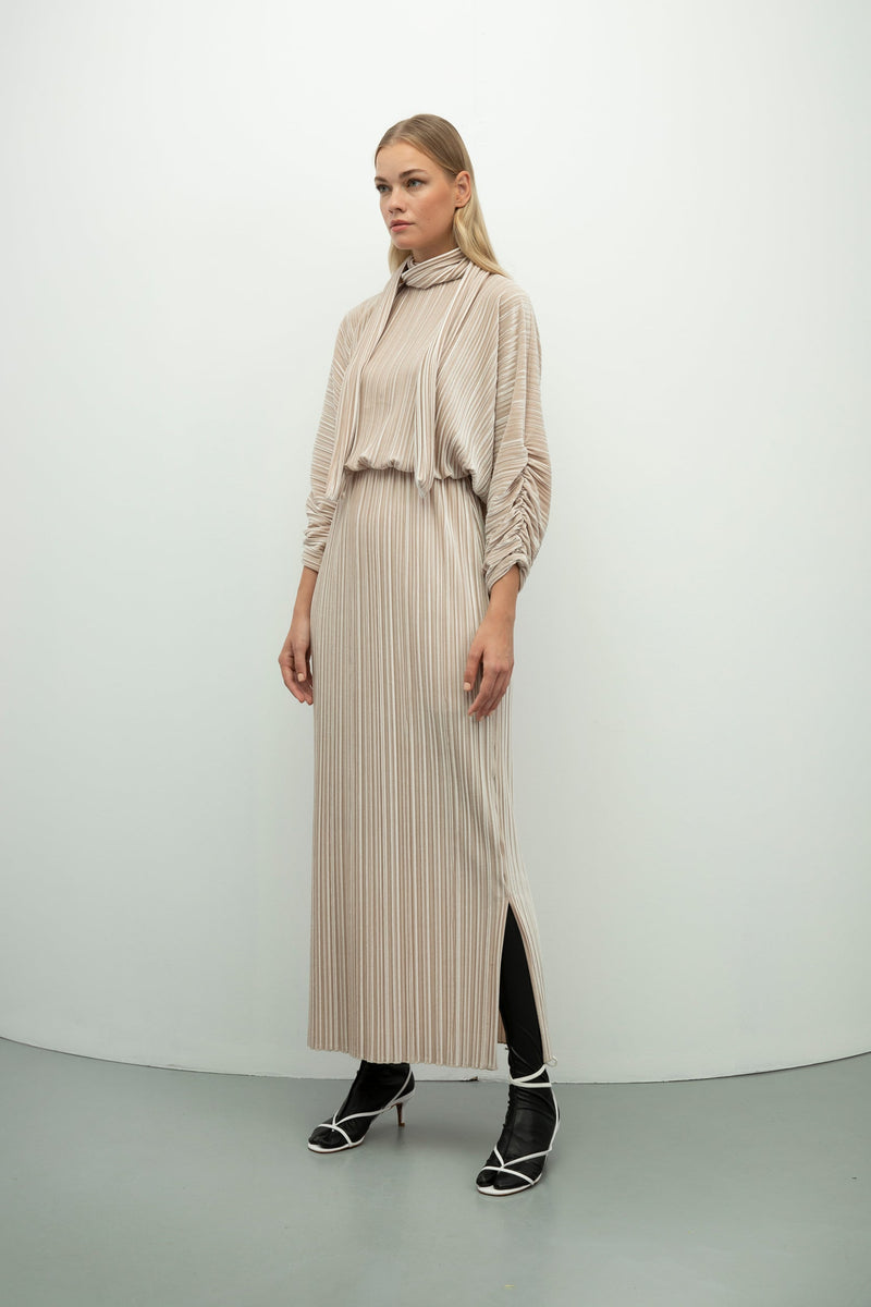 Baqa Pleated Velvet Maxi Dress Beige