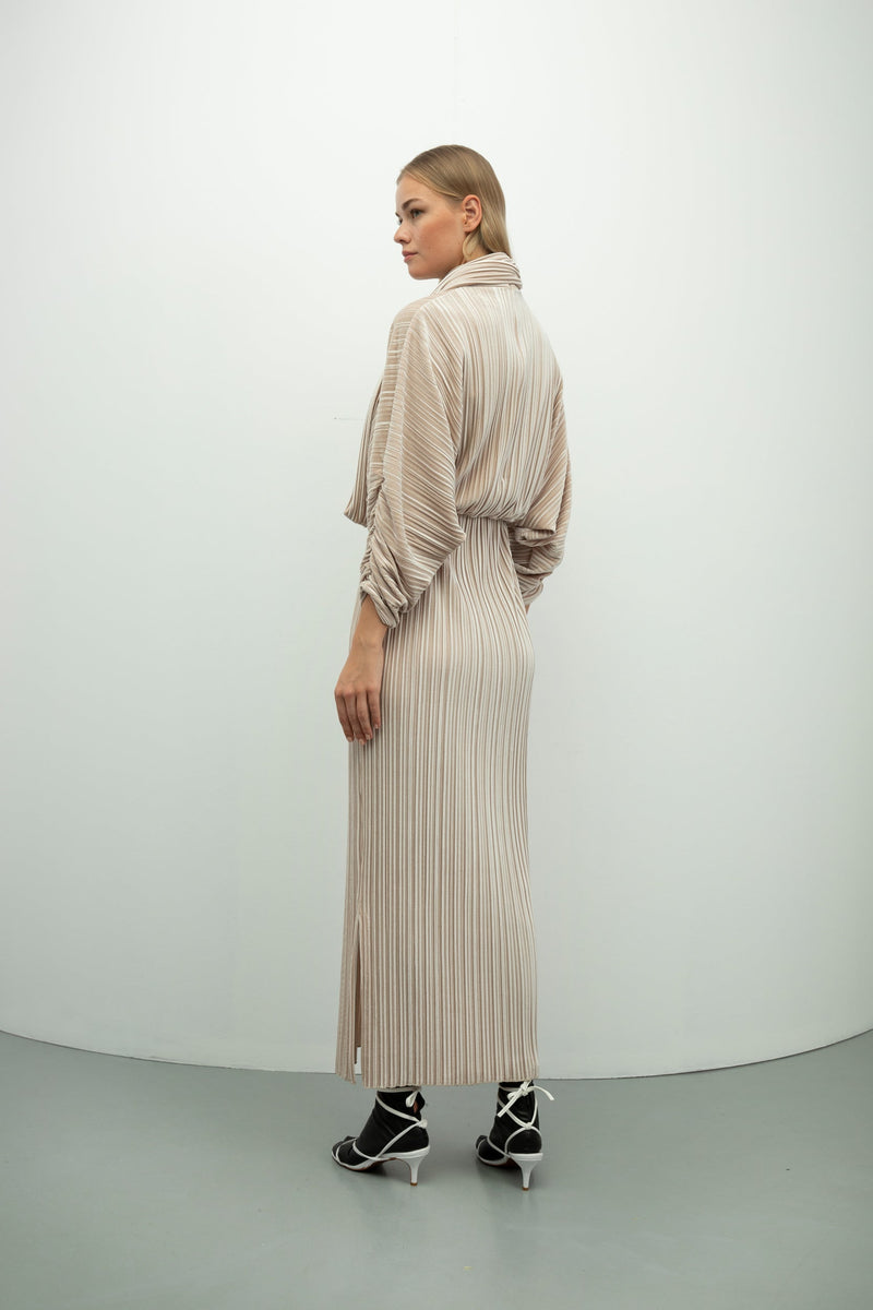 Baqa Pleated Velvet Maxi Dress Beige