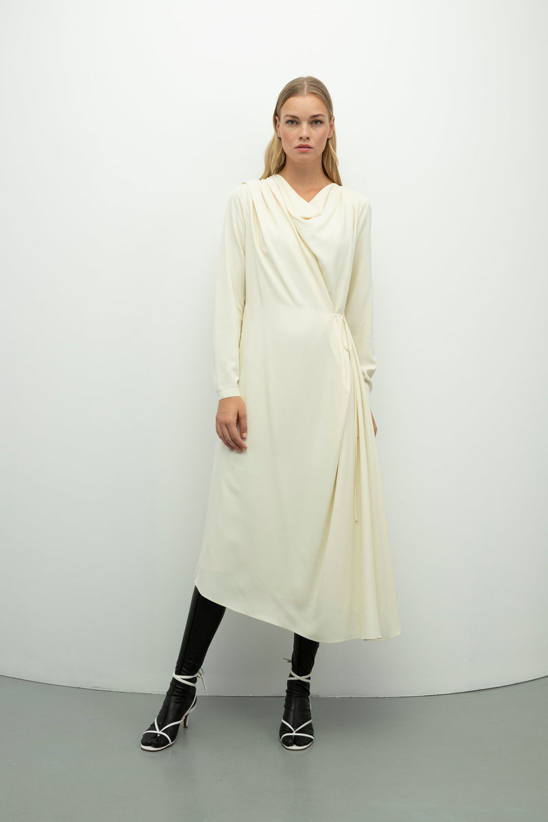 Baqa Wrap Detail Draped Dress  Cream