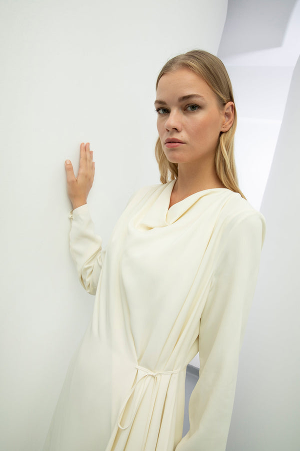 Baqa Wrap Detail Draped Dress  Cream