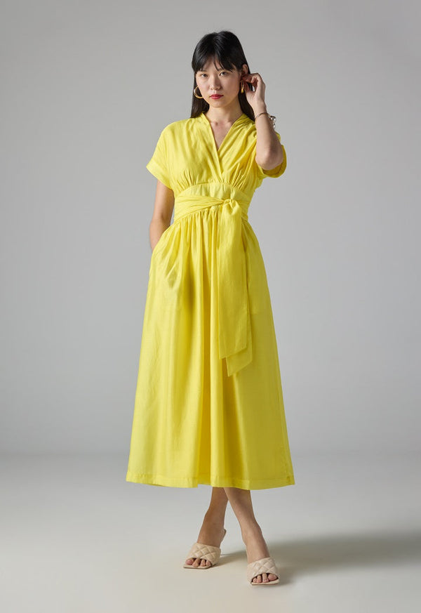 Choice Solid Short Sleeve Belted Dress Yellow