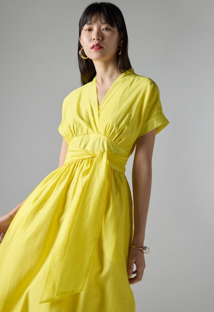 Choice Solid Short Sleeve Belted Dress Yellow