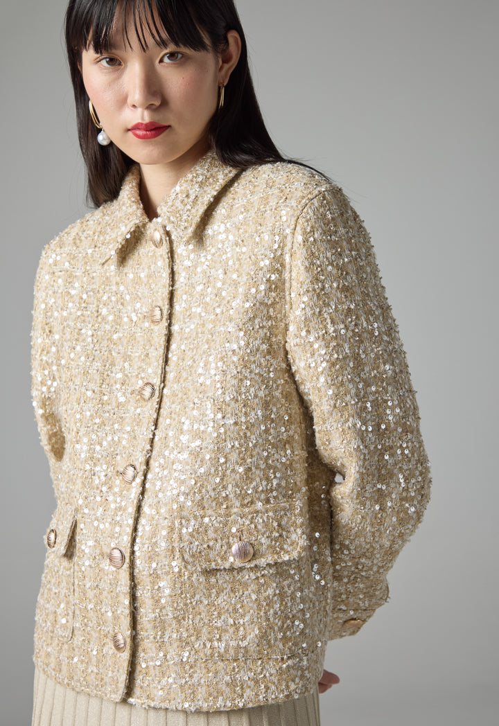 Choice Contrast Sequin Long Sleeve Jacket Beige