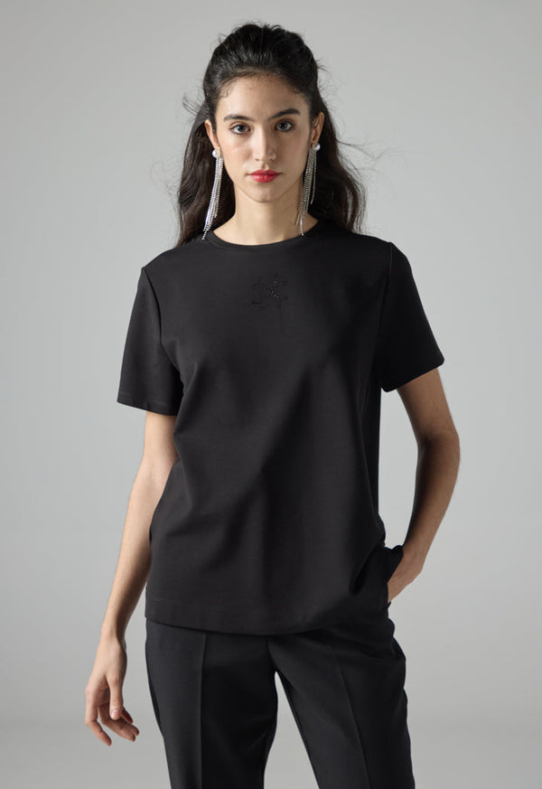 Choice Solid Crystal Embellished Monogram T-Shirt Black