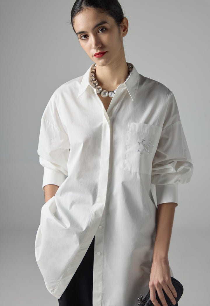 Choice Solid Crystal Embellished Monogram Shirt Off White