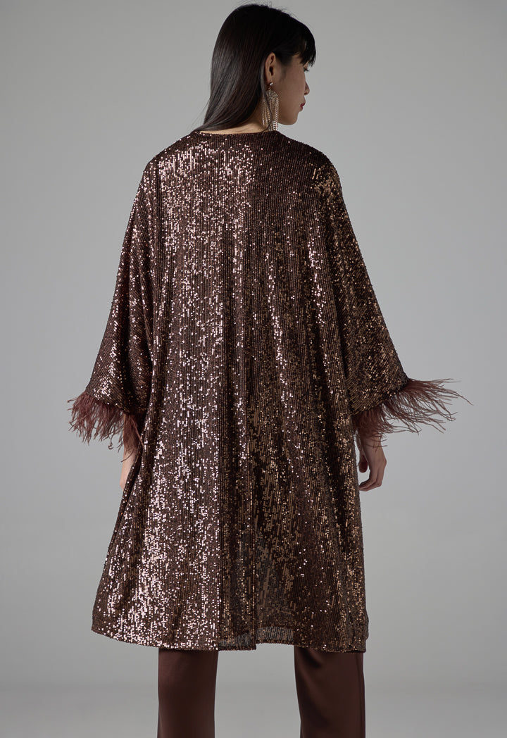 Choice Long Sleeve Sequin Kimono Brown