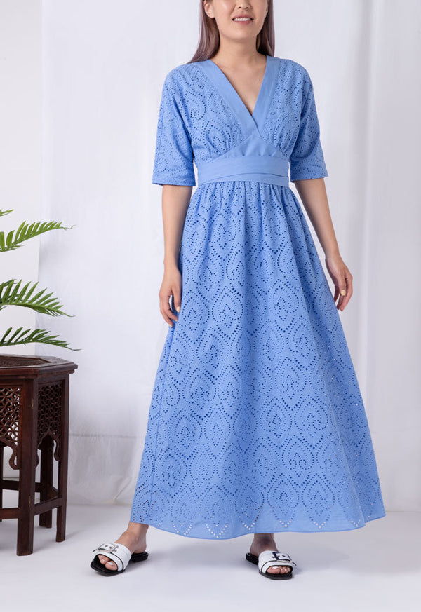 Choice V-Neck Schiffli Long Dress Blue - Wardrobe Fashion