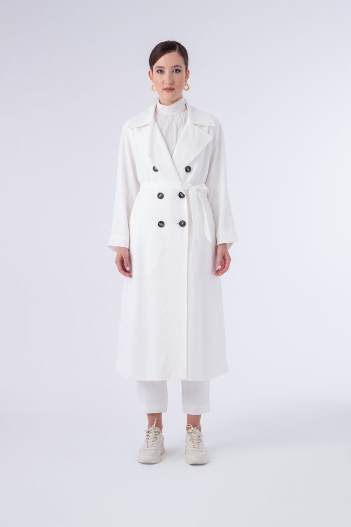 Choice Double Breasted 6-Button Notched Lapel Trench Coat Off White