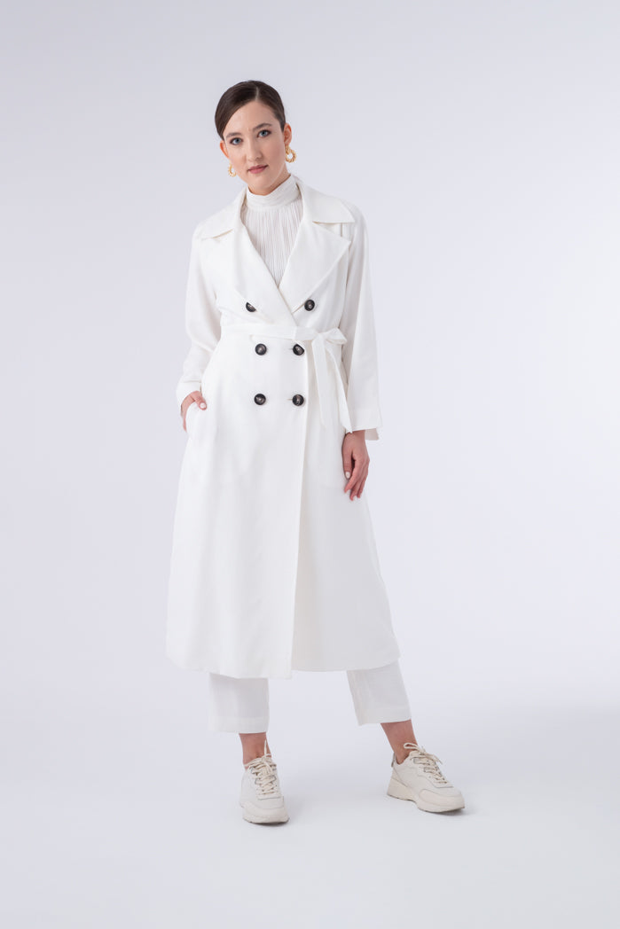 Choice Double Breasted 6-Button Notched Lapel Trench Coat Off White