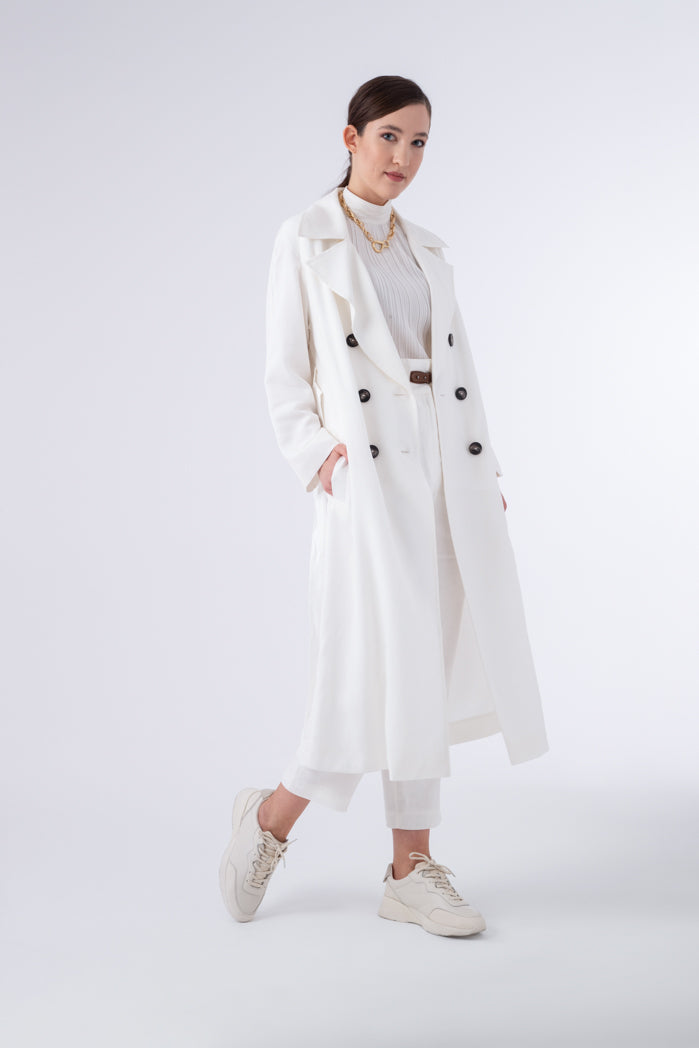 Choice Double Breasted 6-Button Notched Lapel Trench Coat Off White