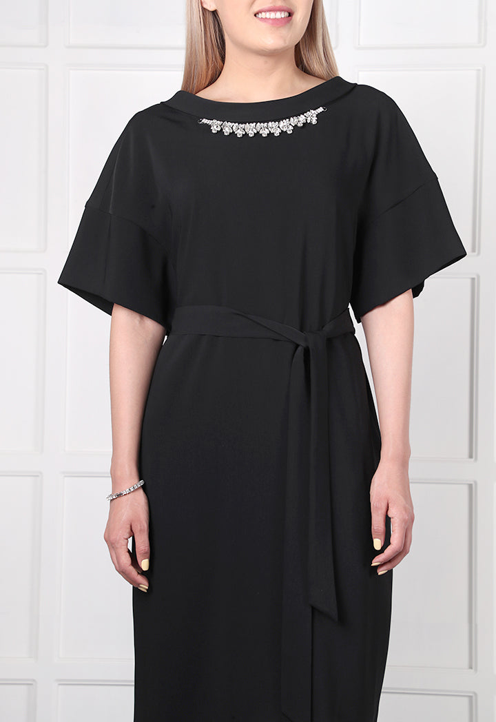 Choice Necklace Embellished Kimono Dress Black - Wardrobe Fashion